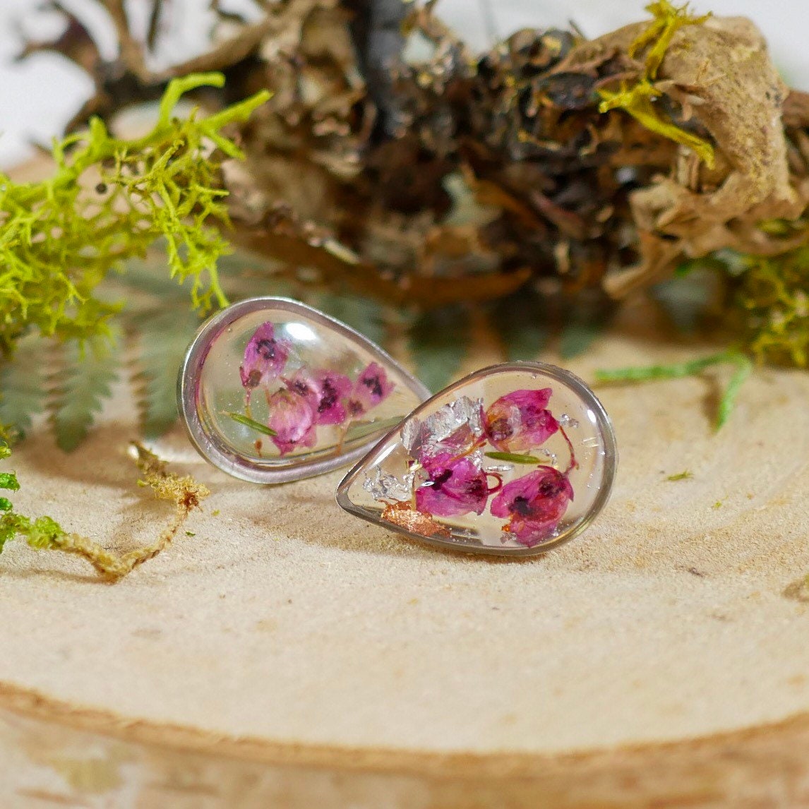 Pressed Heather teardrop studs, Real flower earrings, teardrop stud earrings, dainty flower jewelry