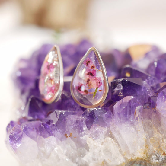 Pressed Heather teardrop studs, Real flower earrings, teardrop stud earrings, dainty flower jewelry