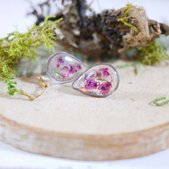 Pressed Heather teardrop studs, Real flower earrings, teardrop stud earrings, dainty flower jewelry