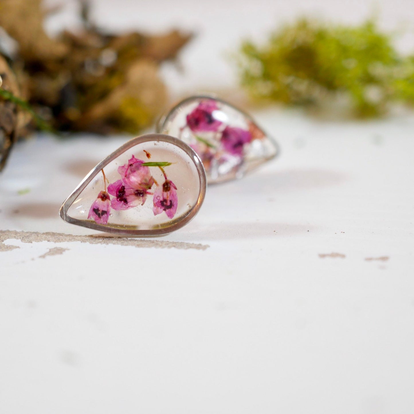 Pressed Heather teardrop studs, Real flower earrings, teardrop stud earrings, dainty flower jewelry
