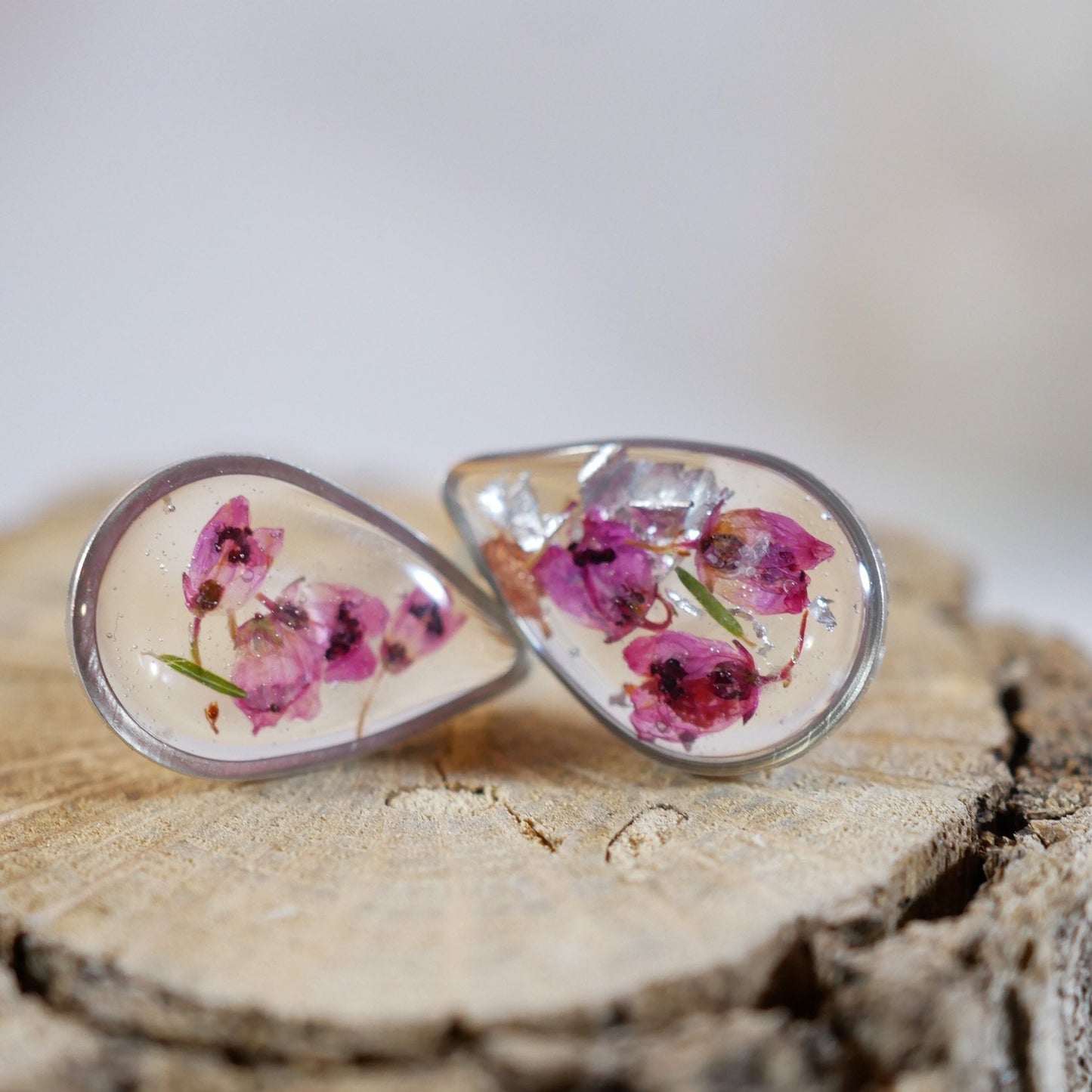 Pressed Heather teardrop studs, Real flower earrings, teardrop stud earrings, dainty flower jewelry