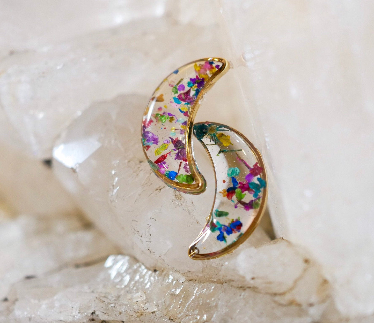 Tiny Gold Moon Studs, Pressed flower moon earrings, Celestial earrings, Dainty gold Crescent moon earrings, Real flower confetti