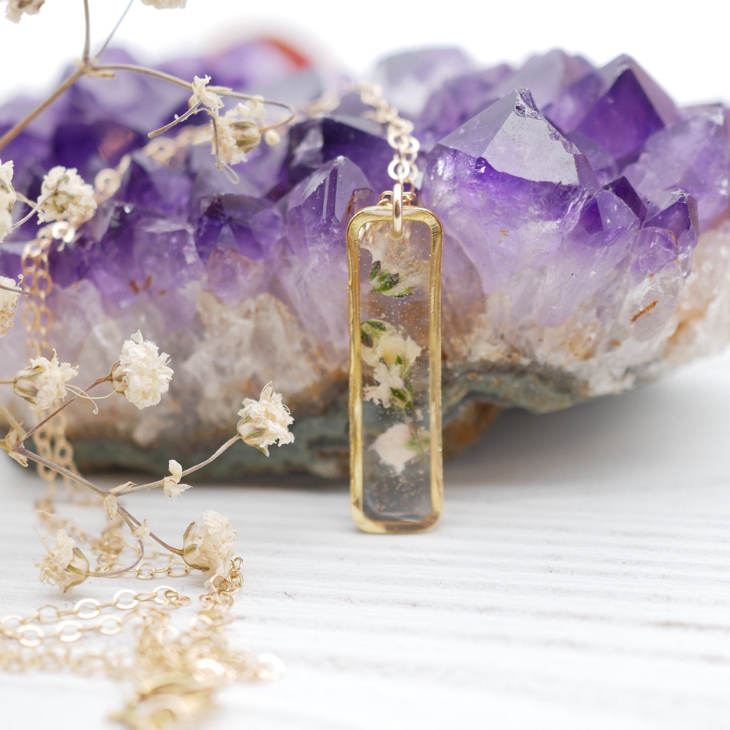 Pressed flower babys breath necklace, Real flower jewelry, Vertical Bar necklace