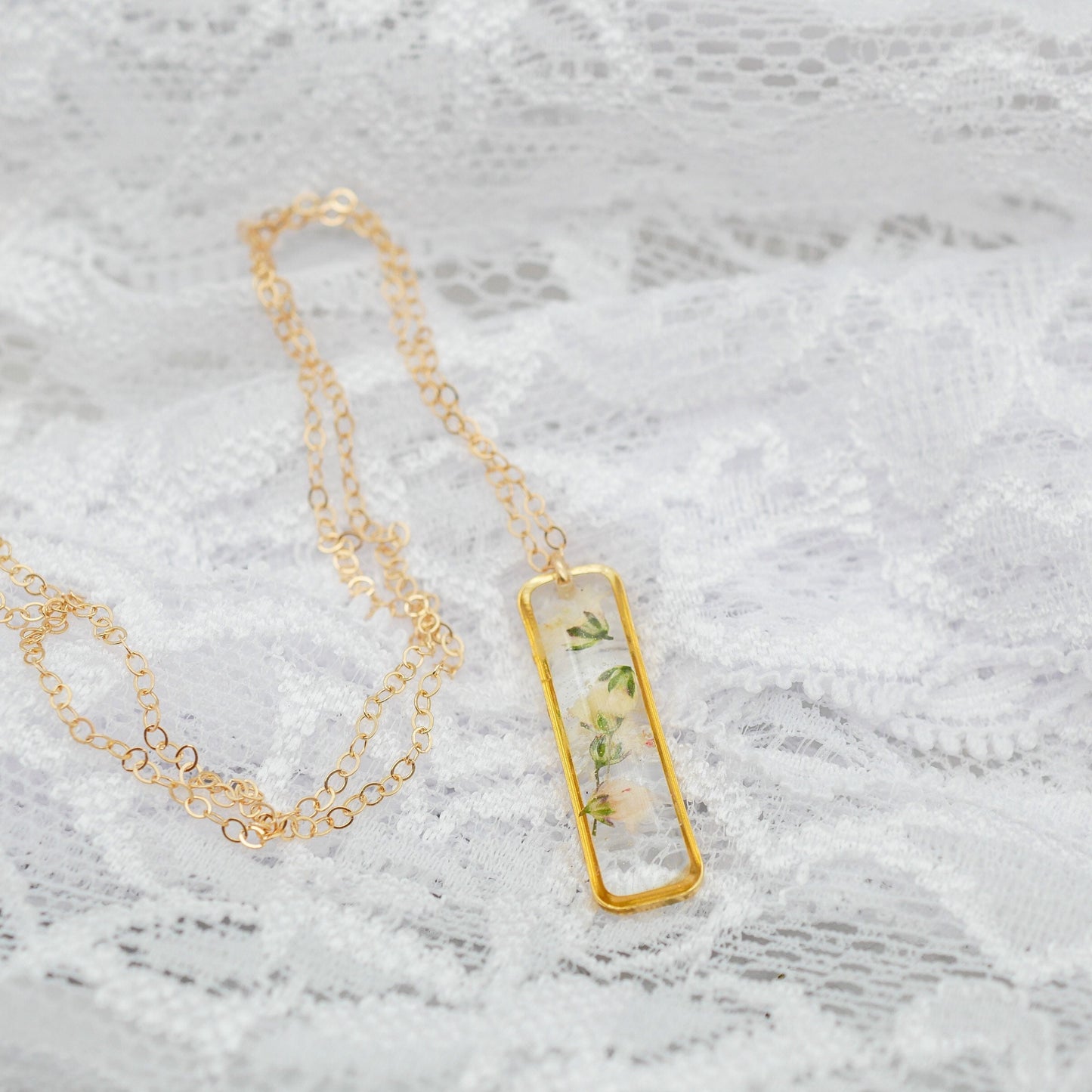 Pressed flower babys breath necklace, Real flower jewelry, Vertical Bar necklace