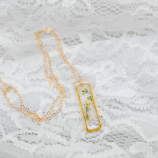 Pressed flower babys breath necklace, Real flower jewelry, Vertical Bar necklace
