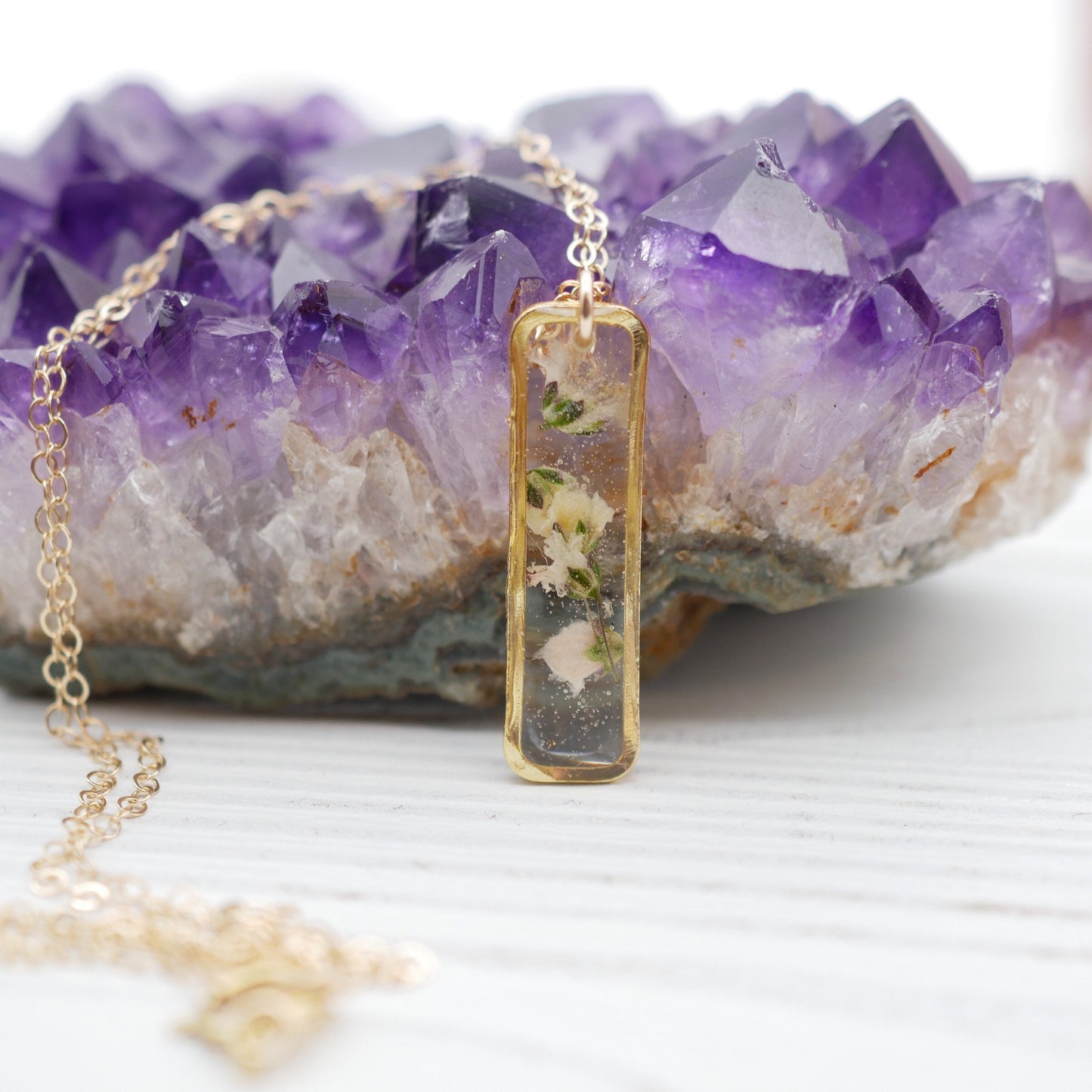 Pressed flower babys breath necklace, Real flower jewelry, Vertical Bar necklace