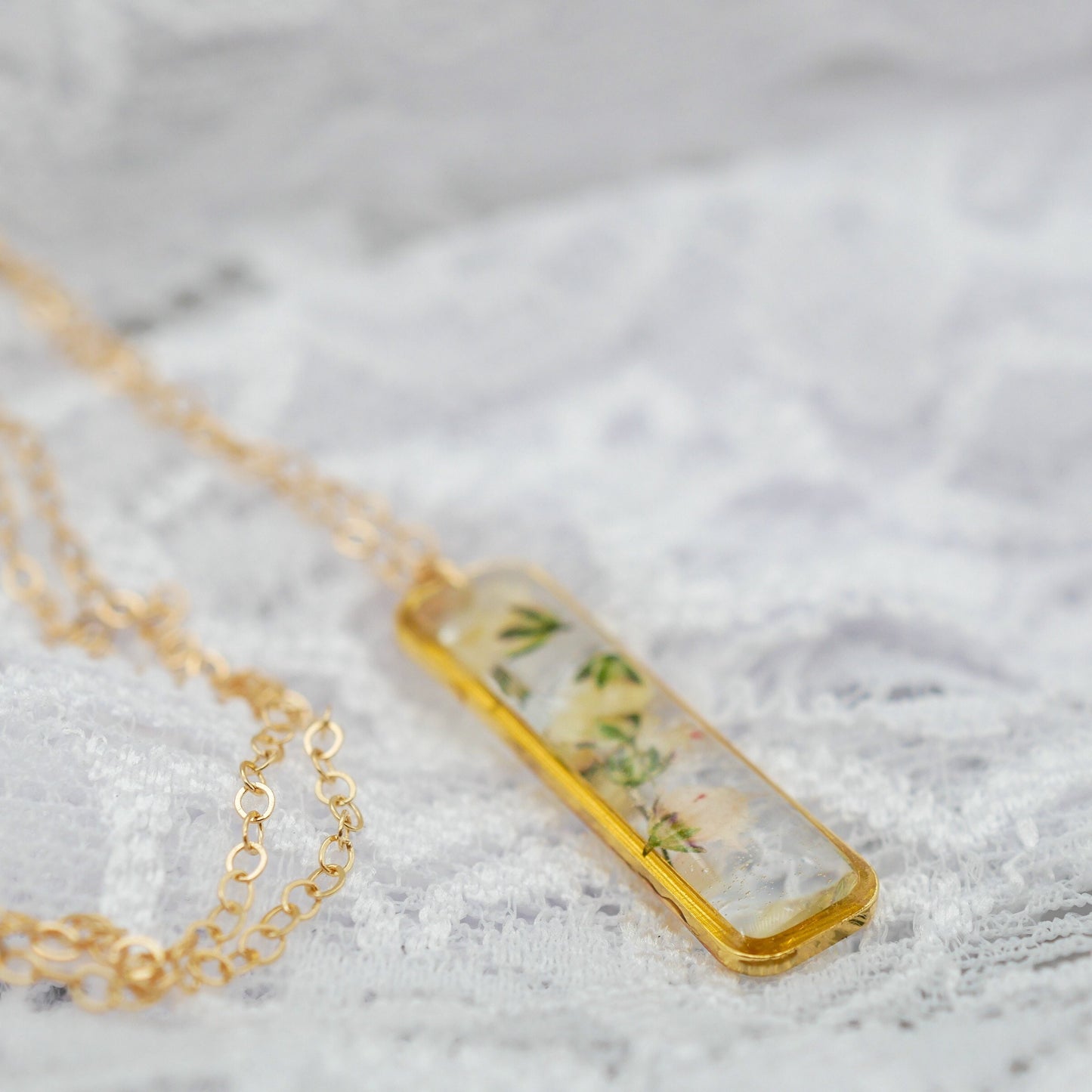 Pressed flower babys breath necklace, Real flower jewelry, Vertical Bar necklace