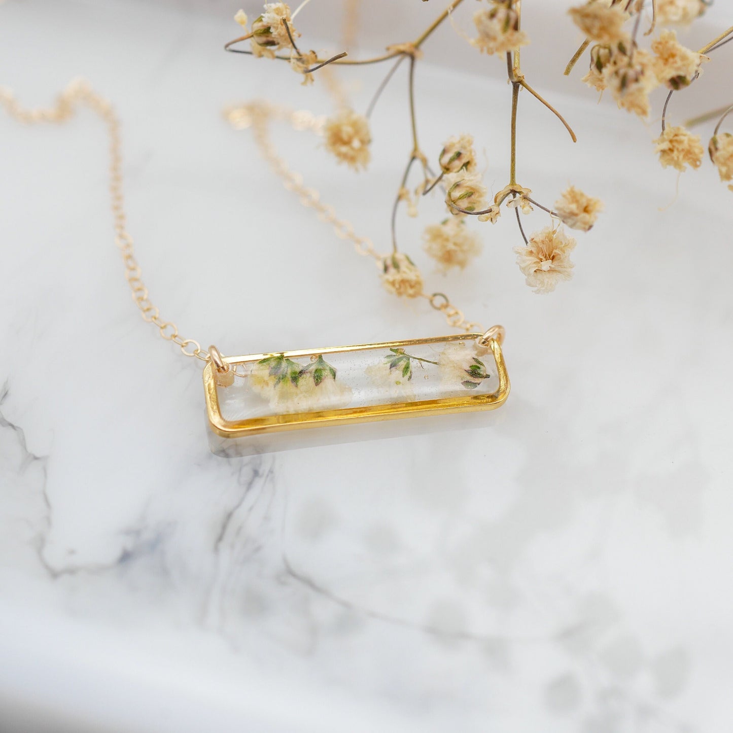 Delicate pressed babys breath horizontal bar necklace, Pressed flower jewelry, Gold bar necklace