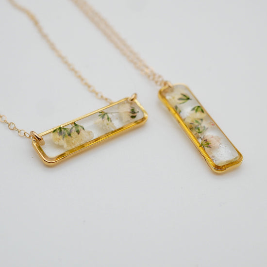 Delicate pressed babys breath horizontal bar necklace, Pressed flower jewelry, Gold bar necklace