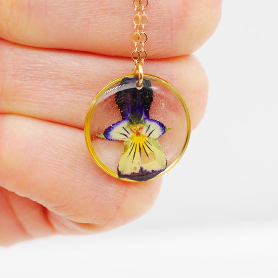 Pressed Pansy Necklace, Dainty pressed flower jewelry, Viola jewelry , February Birth Flower, violet necklace