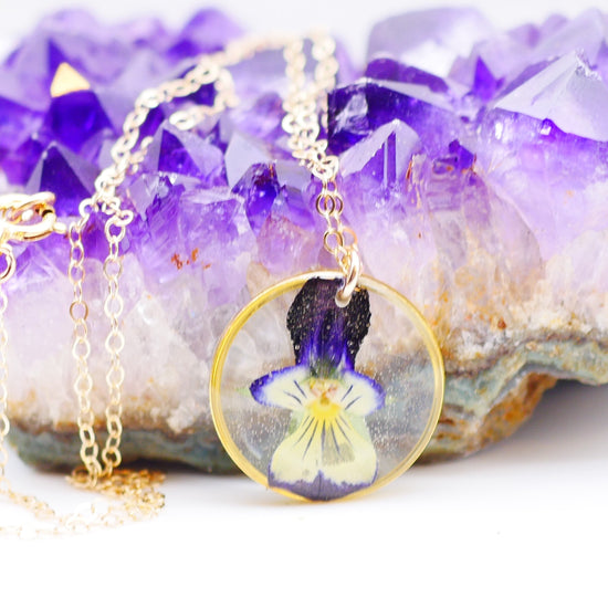 Pressed Pansy Necklace, Dainty pressed flower jewelry, Viola jewelry , February Birth Flower, violet necklace