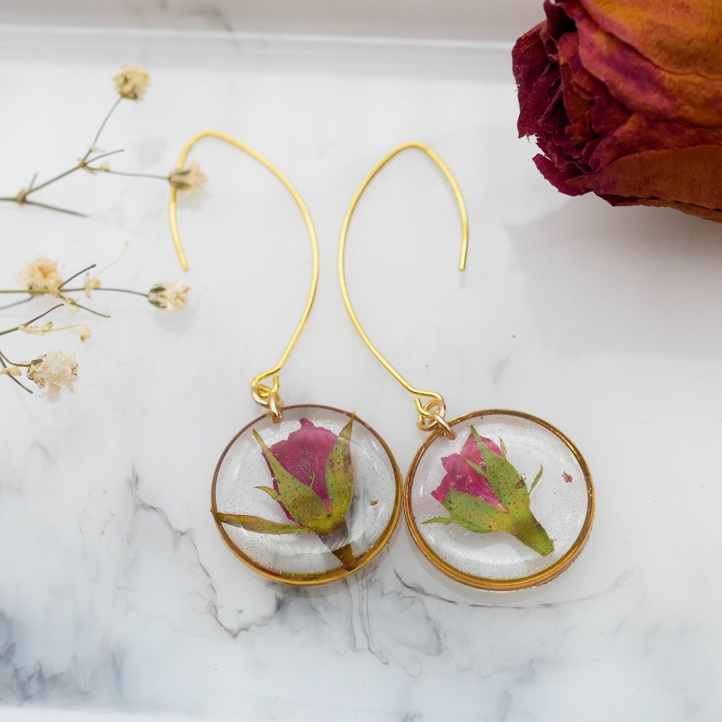 Dainty Rose Drop Earrings, Pressed flower jewelry, Real flower earrings, Rose earrings, Terrarium jewelry, Botanical rose earrings
