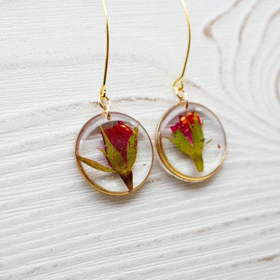 Dainty Rose Drop Earrings, Pressed flower jewelry, Real flower earrings, Rose earrings, Terrarium jewelry, Botanical rose earrings