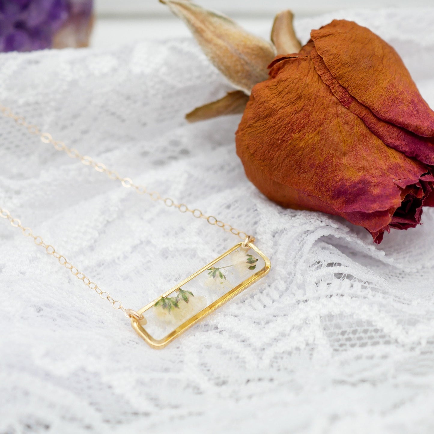 Delicate pressed babys breath horizontal bar necklace, Pressed flower jewelry, Gold bar necklace