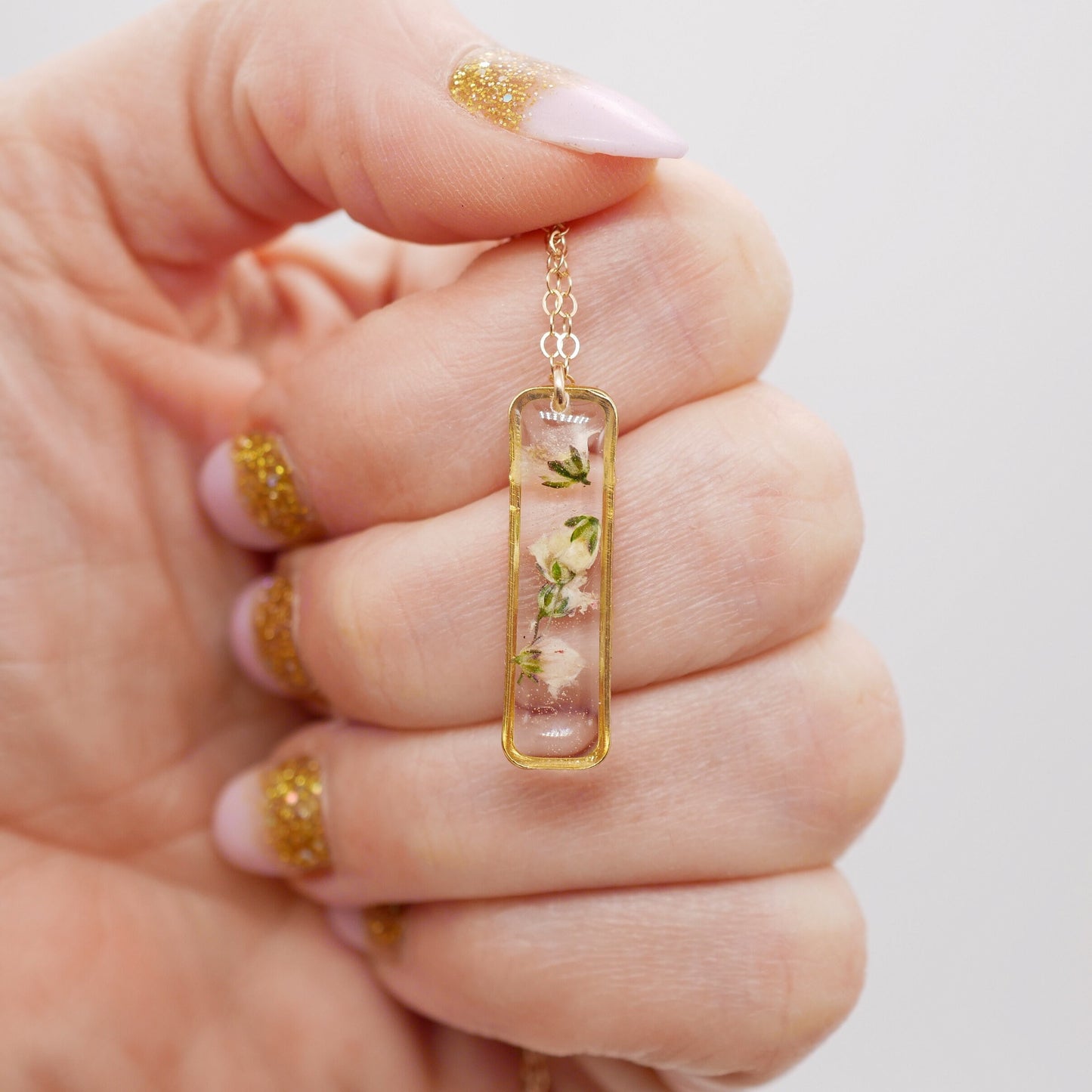 Pressed flower babys breath necklace, Real flower jewelry, Vertical Bar necklace