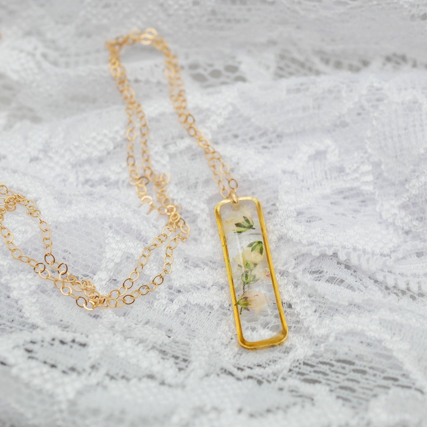 Pressed flower babys breath necklace, Real flower jewelry, Vertical Bar necklace