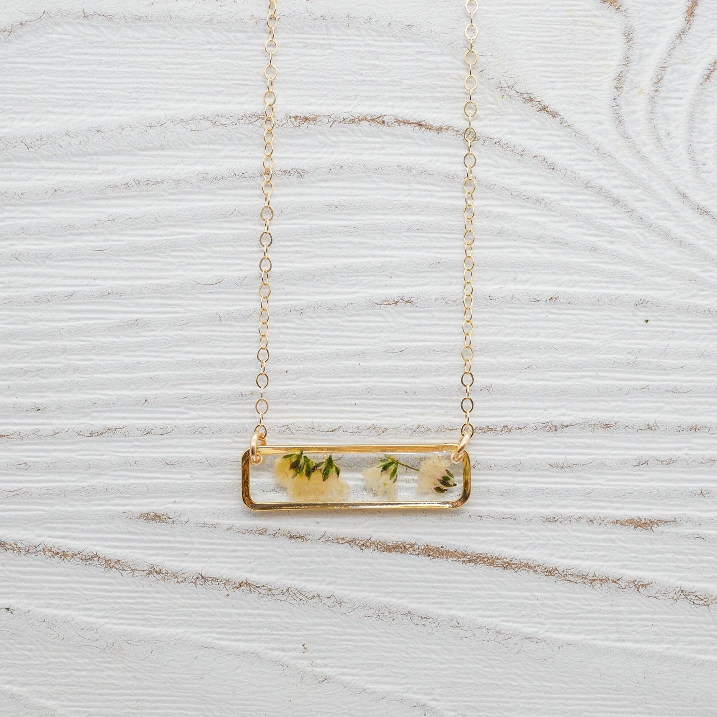 Delicate pressed babys breath horizontal bar necklace, Pressed flower jewelry, Gold bar necklace