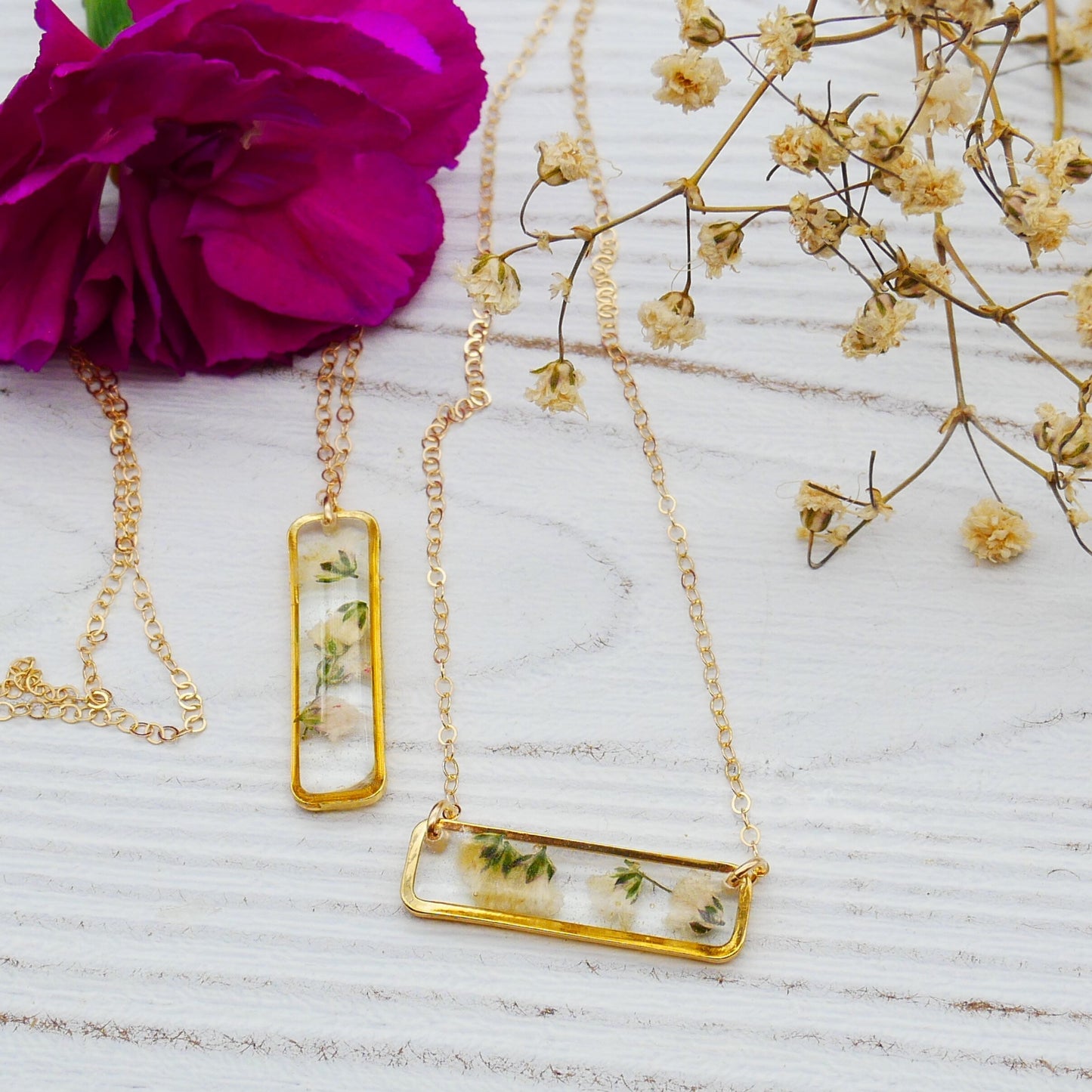 Delicate pressed babys breath horizontal bar necklace, Pressed flower jewelry, Gold bar necklace