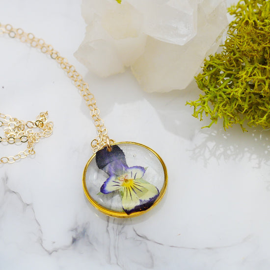 Pressed Pansy Necklace, Dainty pressed flower jewelry, Viola jewelry , February Birth Flower, violet necklace