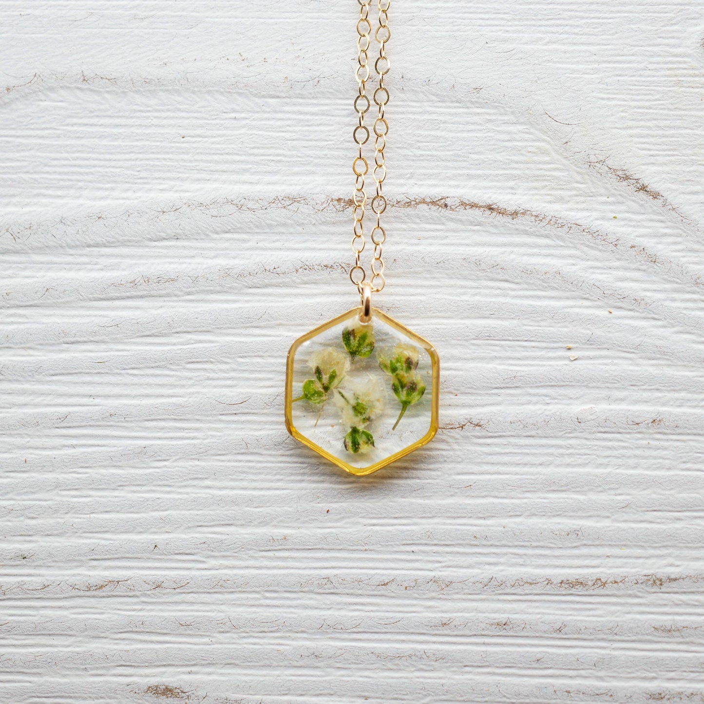 Tiny Babys Breath hexagon Necklace, Real flowers necklace, Pressed flower jewelry, Bridal flower necklace, Terrarium jewelry