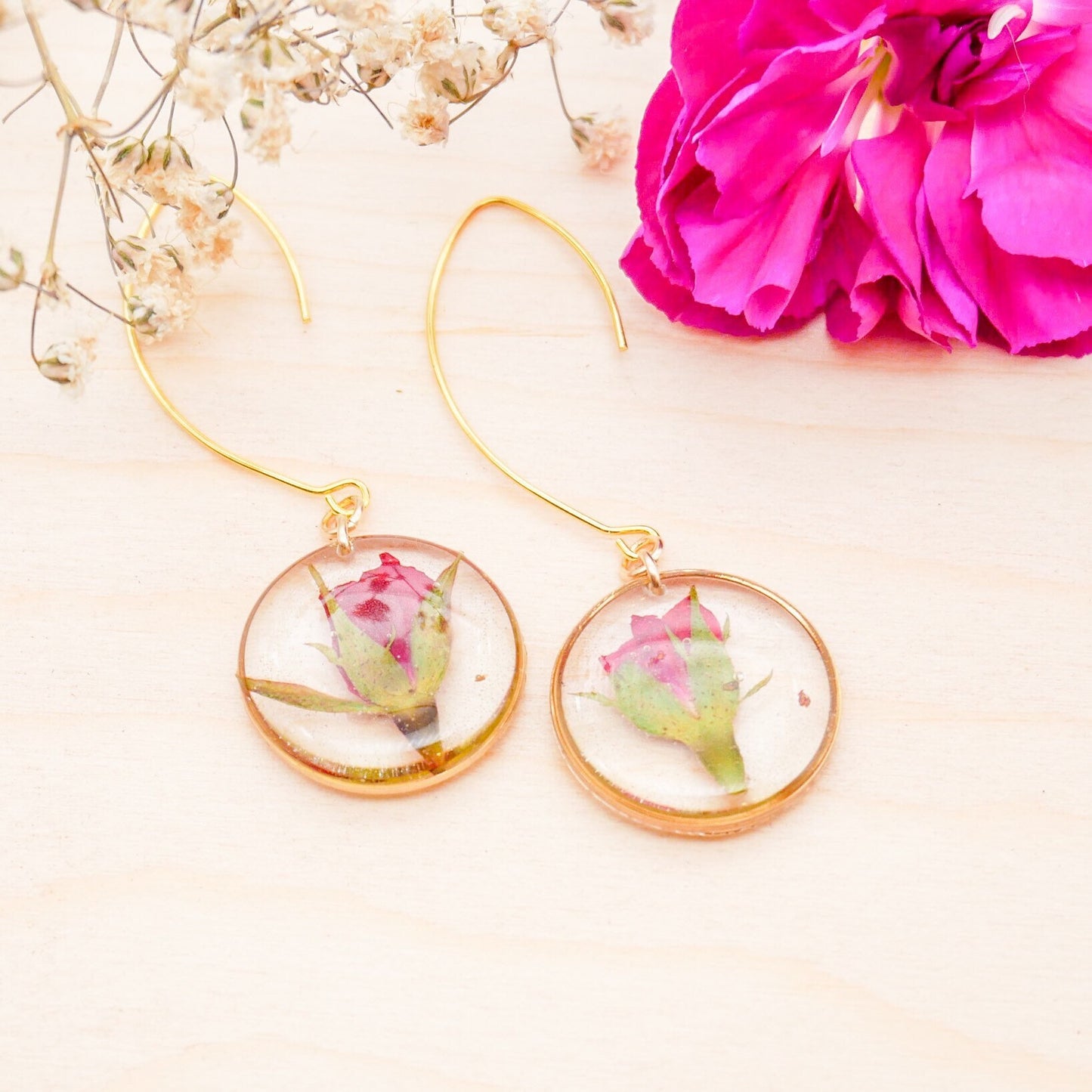 Dainty Rose Drop Earrings, Pressed flower jewelry, Real flower earrings, Rose earrings, Terrarium jewelry, Botanical rose earrings