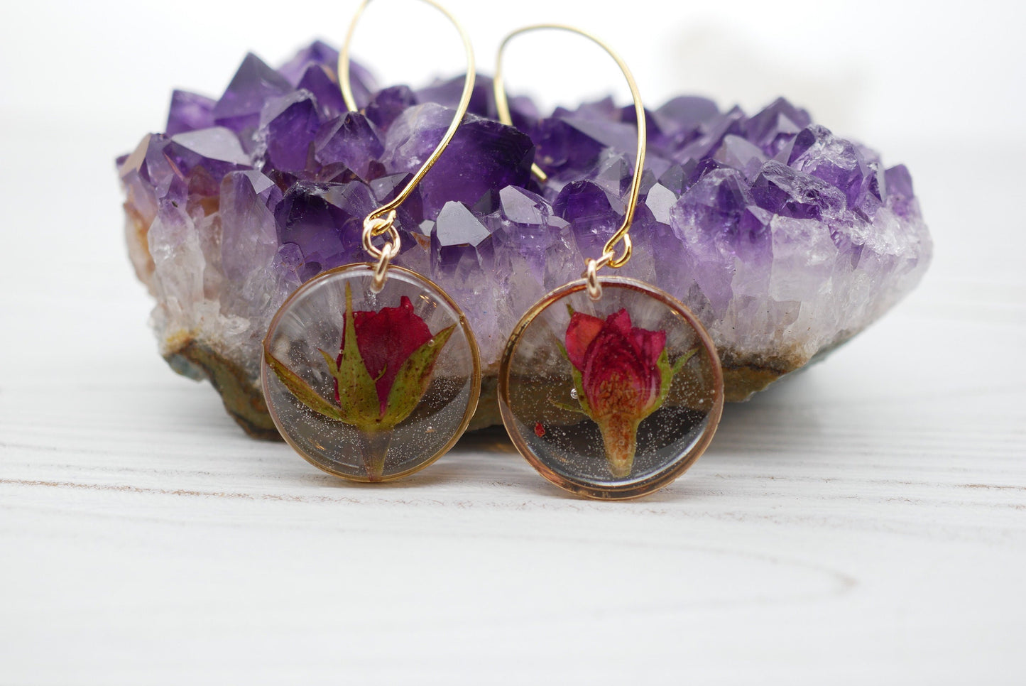 Dainty Rose Drop Earrings, Pressed flower jewelry, Real flower earrings, Rose earrings, Terrarium jewelry, Botanical rose earrings