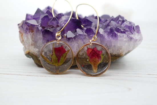 Dainty Rose Drop Earrings, Pressed flower jewelry, Real flower earrings, Rose earrings, Terrarium jewelry, Botanical rose earrings