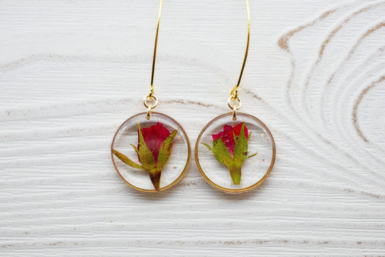 Dainty Rose Drop Earrings, Pressed flower jewelry, Real flower earrings, Rose earrings, Terrarium jewelry, Botanical rose earrings