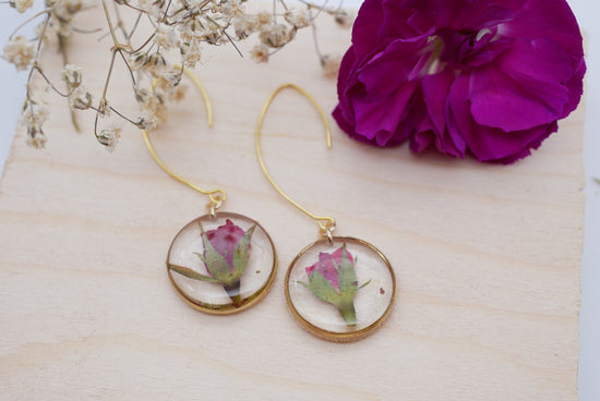 Dainty Rose Drop Earrings, Pressed flower jewelry, Real flower earrings, Rose earrings, Terrarium jewelry, Botanical rose earrings