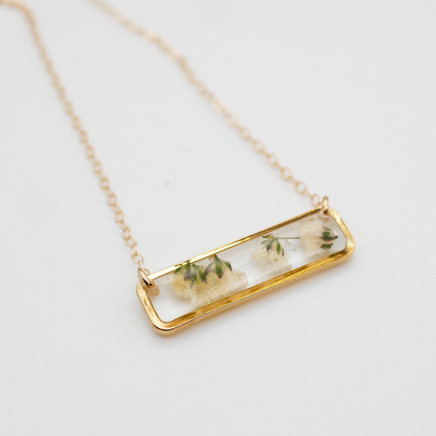 Delicate pressed babys breath horizontal bar necklace, Pressed flower jewelry, Gold bar necklace