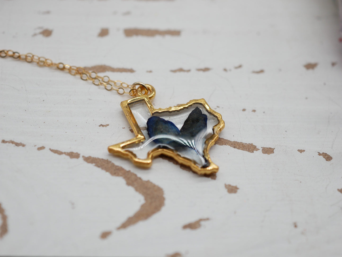 Texas bluebonnet necklace, gold Texas necklace, real bluebonnet necklace, pressed flower jewelry, Texas gift jewelry