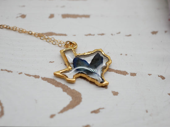 Texas bluebonnet necklace, gold Texas necklace, real bluebonnet necklace, pressed flower jewelry, Texas gift jewelry