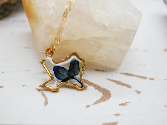 Texas bluebonnet necklace, gold Texas necklace, real bluebonnet necklace, pressed flower jewelry, Texas gift jewelry