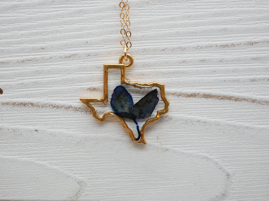 Texas bluebonnet necklace, gold Texas necklace, real bluebonnet necklace, pressed flower jewelry, Texas gift jewelry