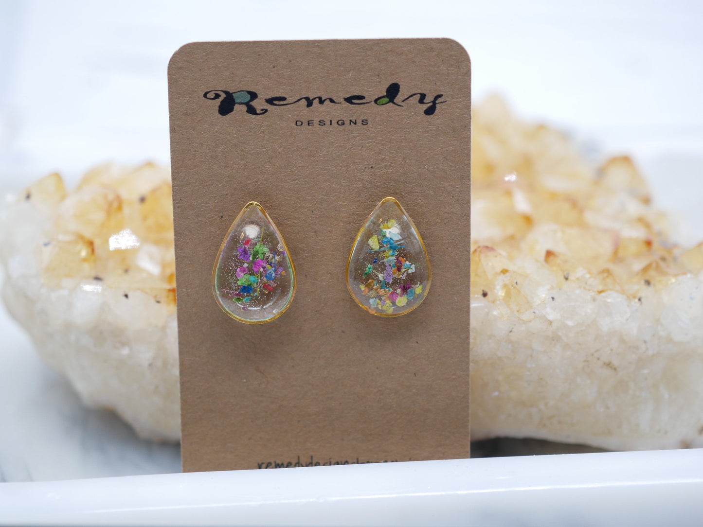 Tiny flower confetti teardrop studs, real flower studs, pressed flower earrings, botanical earrings, terrarium studs, flower confetti