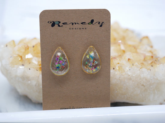 Tiny flower confetti teardrop studs, real flower studs, pressed flower earrings, botanical earrings, terrarium studs, flower confetti