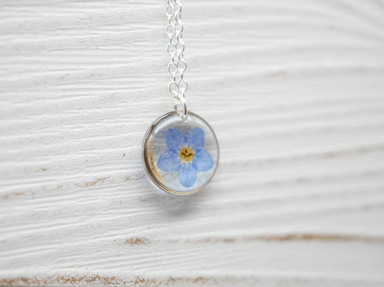 Tiny forget me not necklace, pressed flower jewelry, real forget me not necklace, memorial flower jewelry,