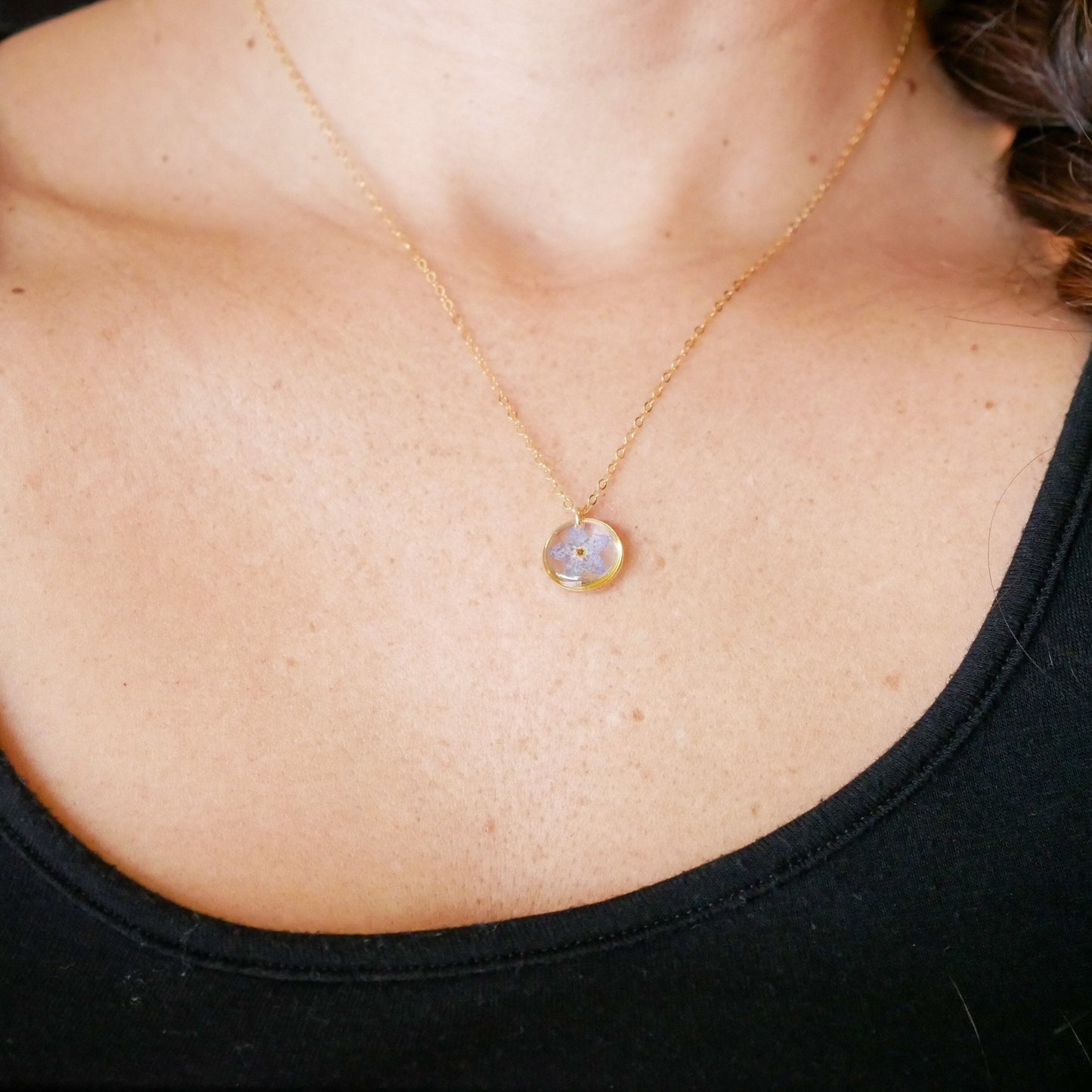 Tiny forget me not necklace, pressed flower jewelry, real forget me not necklace, memorial flower jewelry,