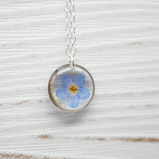 Tiny forget me not necklace, pressed flower jewelry, real forget me not necklace, memorial flower jewelry,