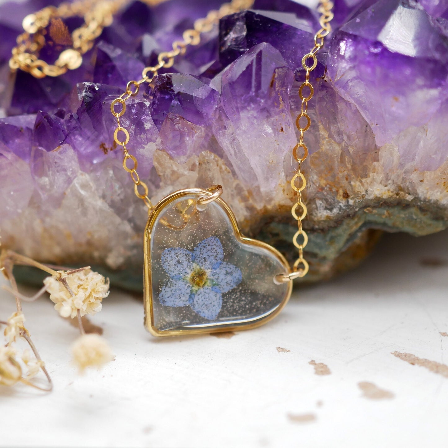 Forget me not heart necklace, gold heart jewelry, pressed flower heart necklace, dainty flower necklace, memorial flower jewelry, sterling