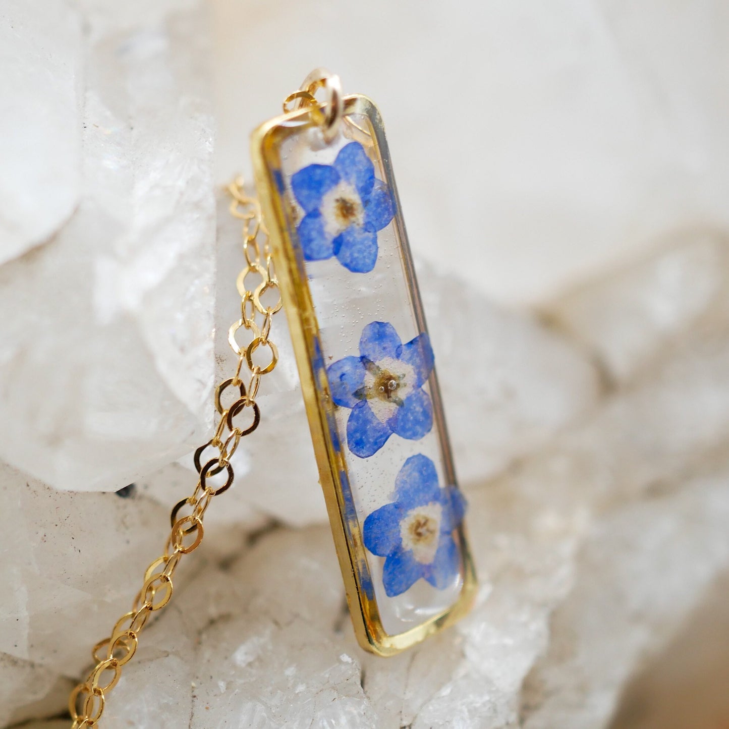 Forget me not vertical bar necklace, dainty flower jewelry, pressed flower necklace, memorial necklace, real flower bar necklace