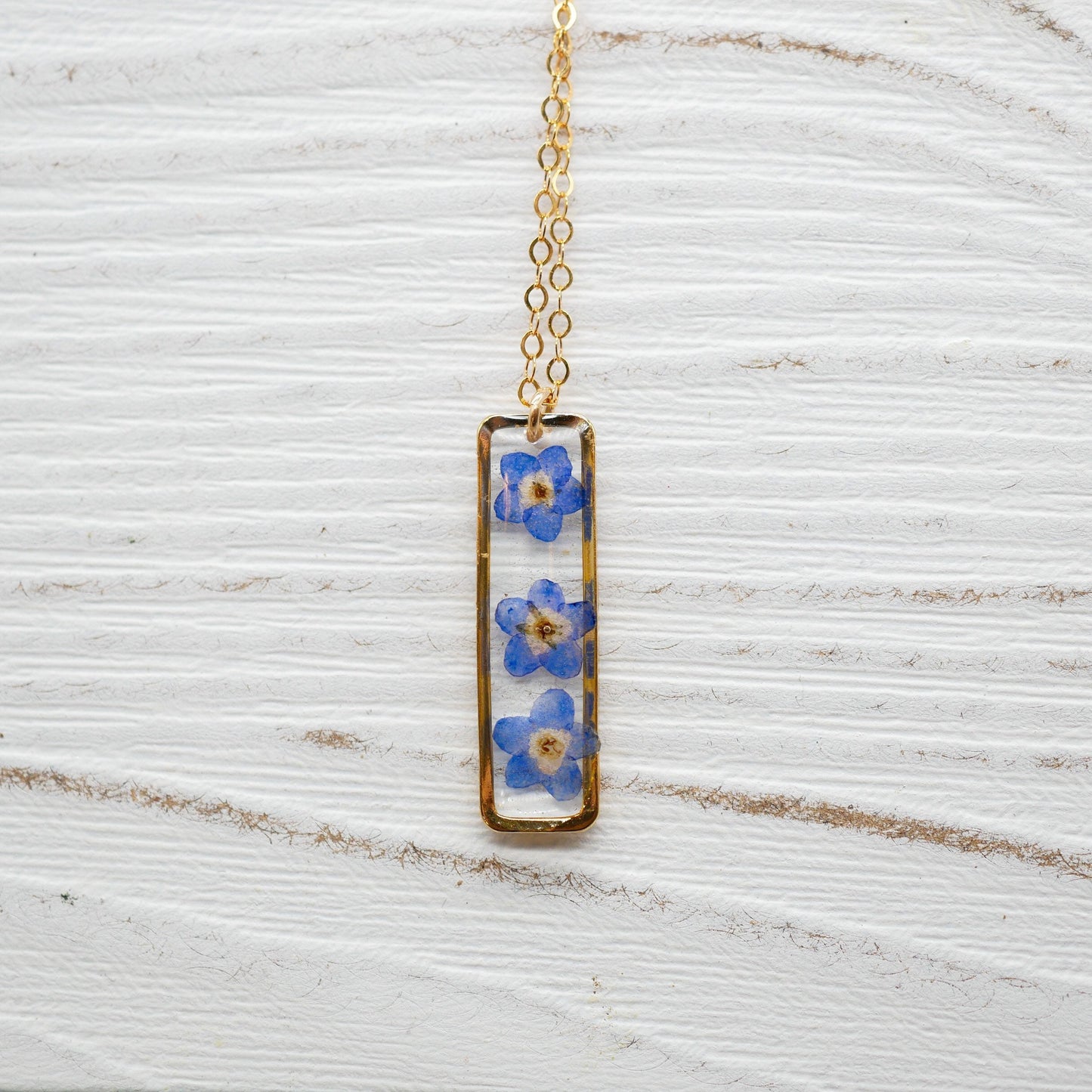 Forget me not vertical bar necklace, dainty flower jewelry, pressed flower necklace, memorial necklace, real flower bar necklace