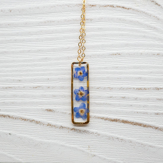 Forget me not vertical bar necklace, dainty flower jewelry, pressed flower necklace, memorial necklace, real flower bar necklace