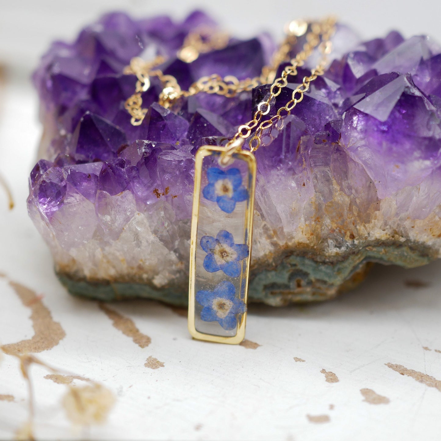 Forget me not vertical bar necklace, dainty flower jewelry, pressed flower necklace, memorial necklace, real flower bar necklace