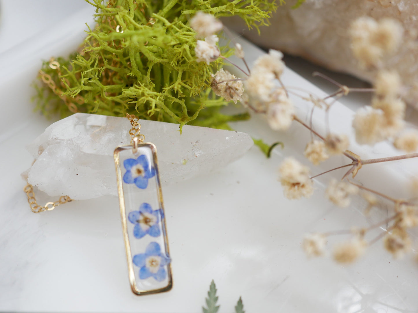 Forget me not vertical bar necklace, dainty flower jewelry, pressed flower necklace, memorial necklace, real flower bar necklace