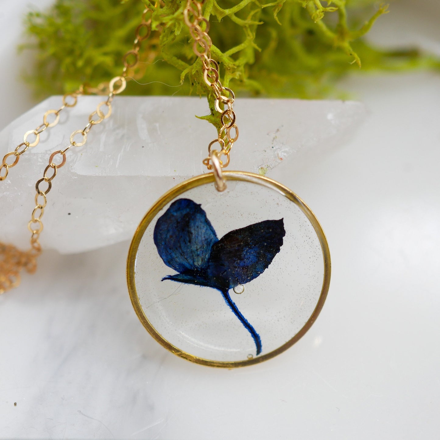 Texas pressed bluebonnet necklace -24k gold fill or sterling silver circle pendant