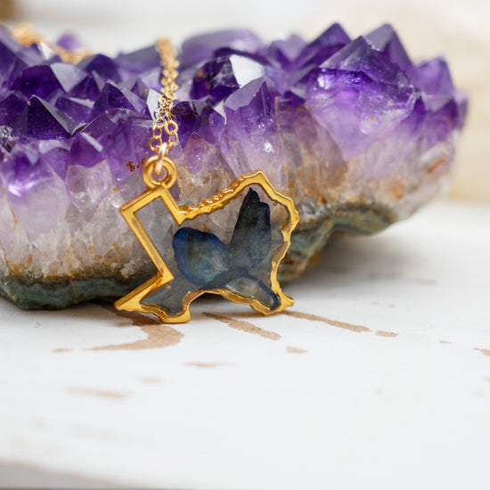 Texas bluebonnet necklace, gold Texas necklace, real bluebonnet necklace, pressed flower jewelry, Texas gift jewelry