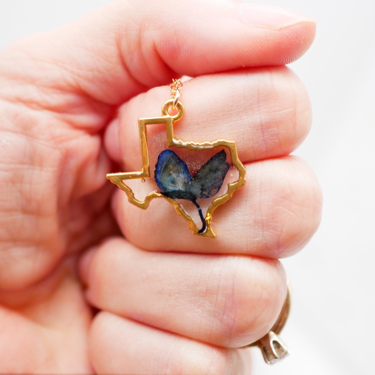 Texas Necklace with Pressed Bluebonnet Petal – 14k Gold Fill or Sterling Silver – Dainty Texas Jewelry – Texas Gift for Her