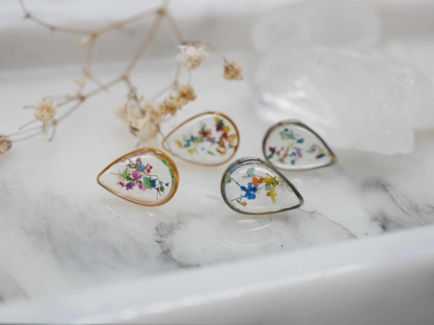 Tiny flower confetti teardrop studs, real flower studs, pressed flower earrings, botanical earrings, terrarium studs, flower confetti