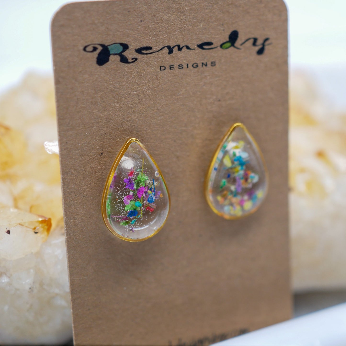 Tiny flower confetti teardrop studs, real flower studs, pressed flower earrings, botanical earrings, terrarium studs, flower confetti